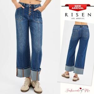 RISEN High Rise Cuffed Hem Button Fly Dark Washed Cropped Straight Denim Jeans